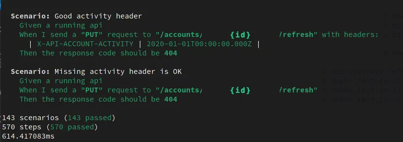 The end of a godog run on the gateway : the last two scenarios in green, then 143 scenarios passed, 570 steps passed, in 614 milliseconds