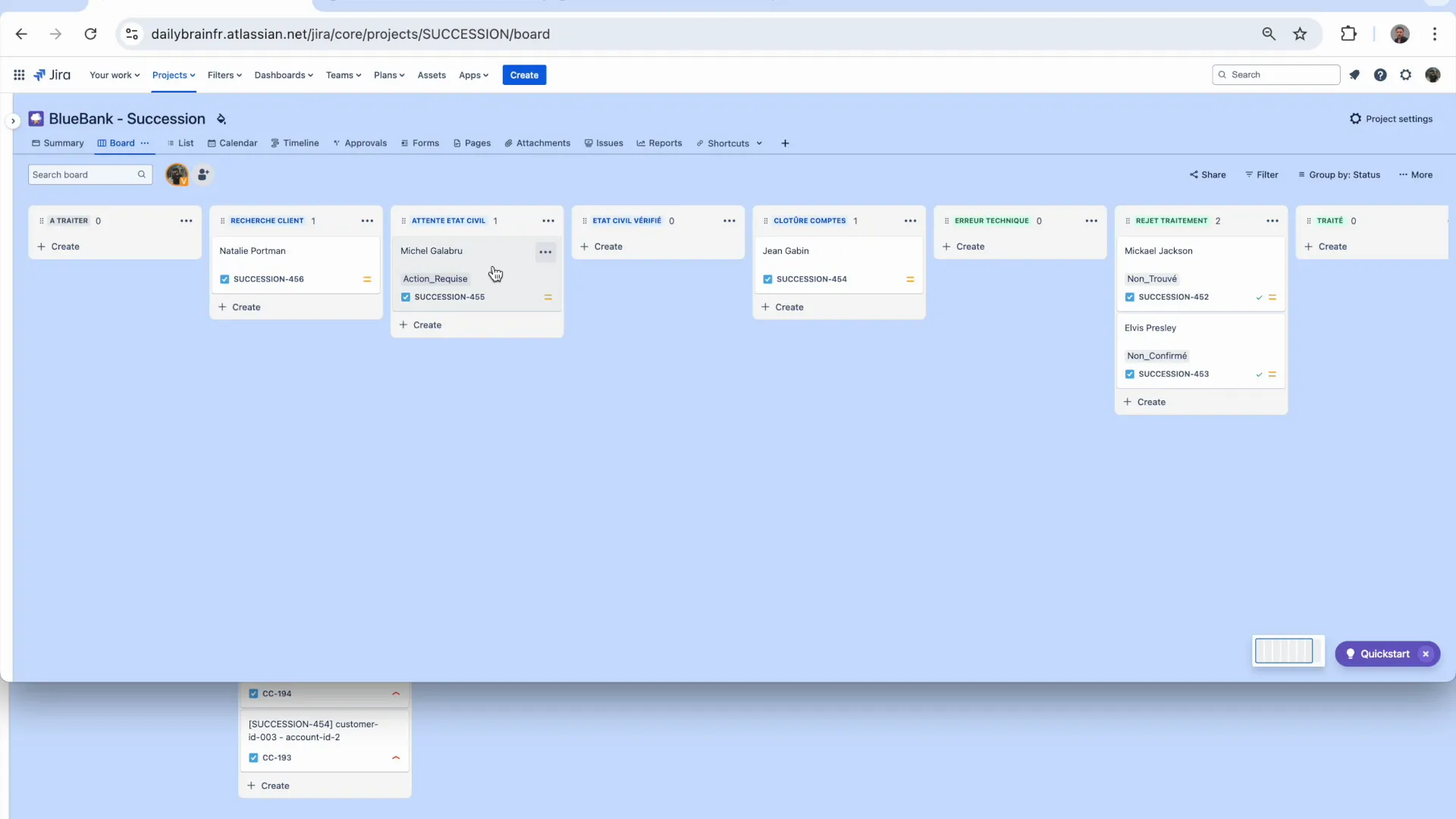 The Succession board mid-run, five cards in five different columns : Recherche Client, Attente Etat Civil with Action_Requise, Clôture Comptes, and two rejections labeled Non_Trouvé and Non_Confirmé