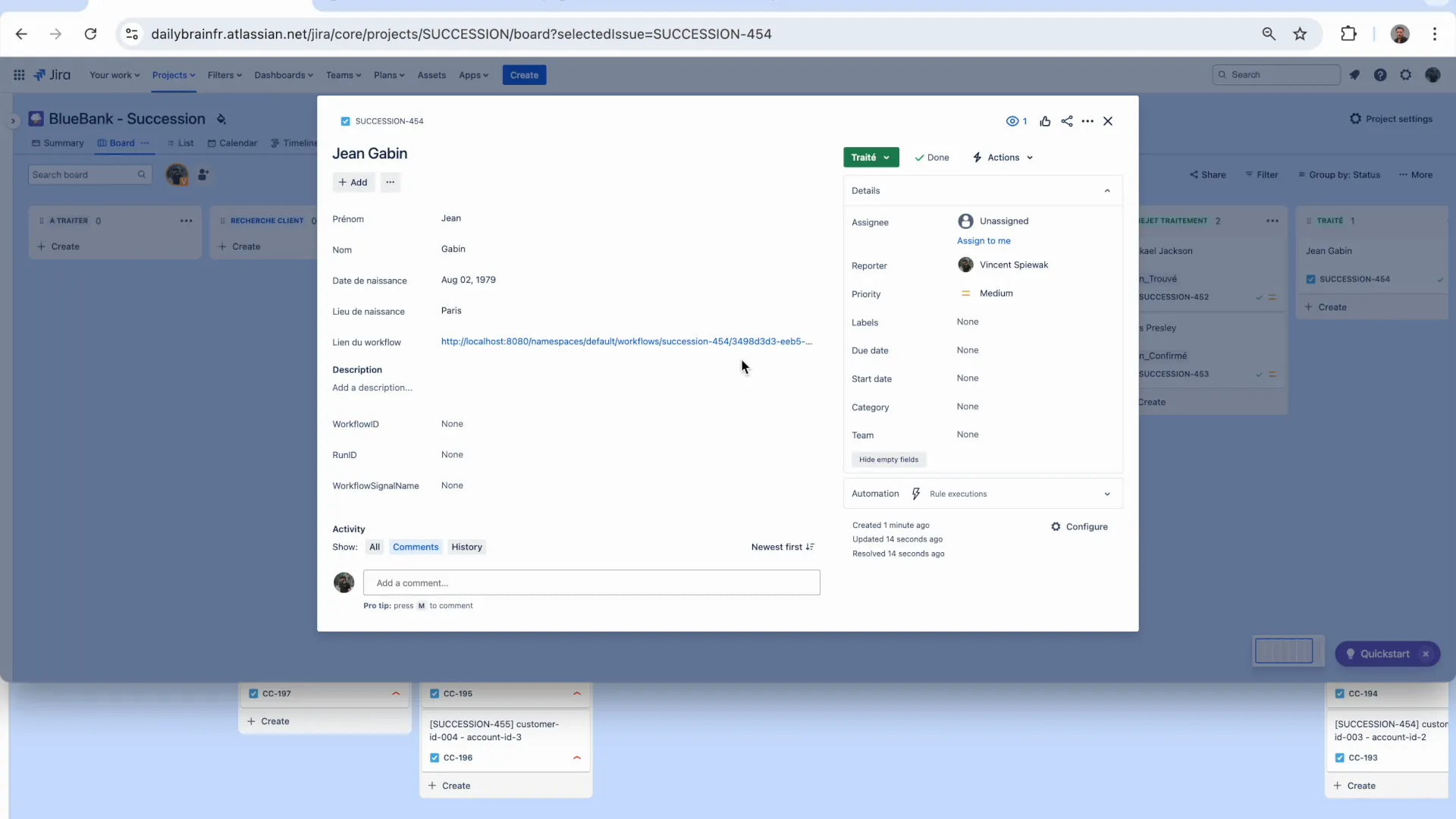 A JIRA card with the workflow's custom fields : "Lien du workflow" deep-links straight into the Temporal Web UI execution history
