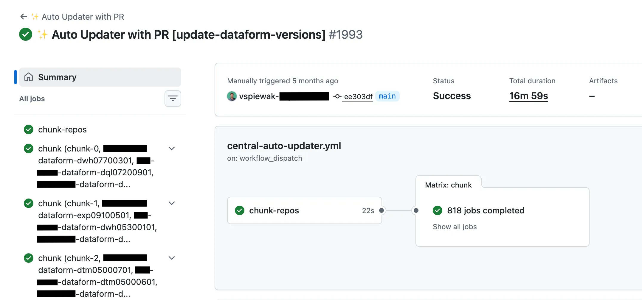 One auto-updater run : chunk-repos, then a matrix fan-out — 818 jobs completed in 16m59s