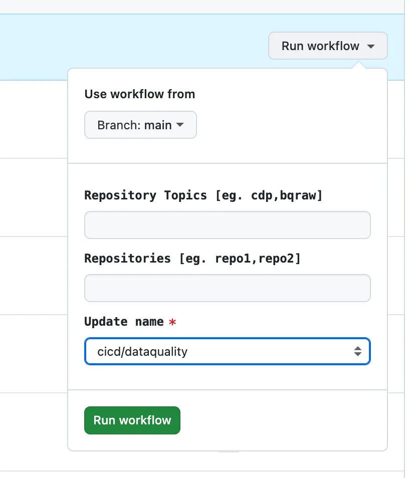 The production launcher : GitHub's Run workflow dialog with topics, repositories and the updater dropdown