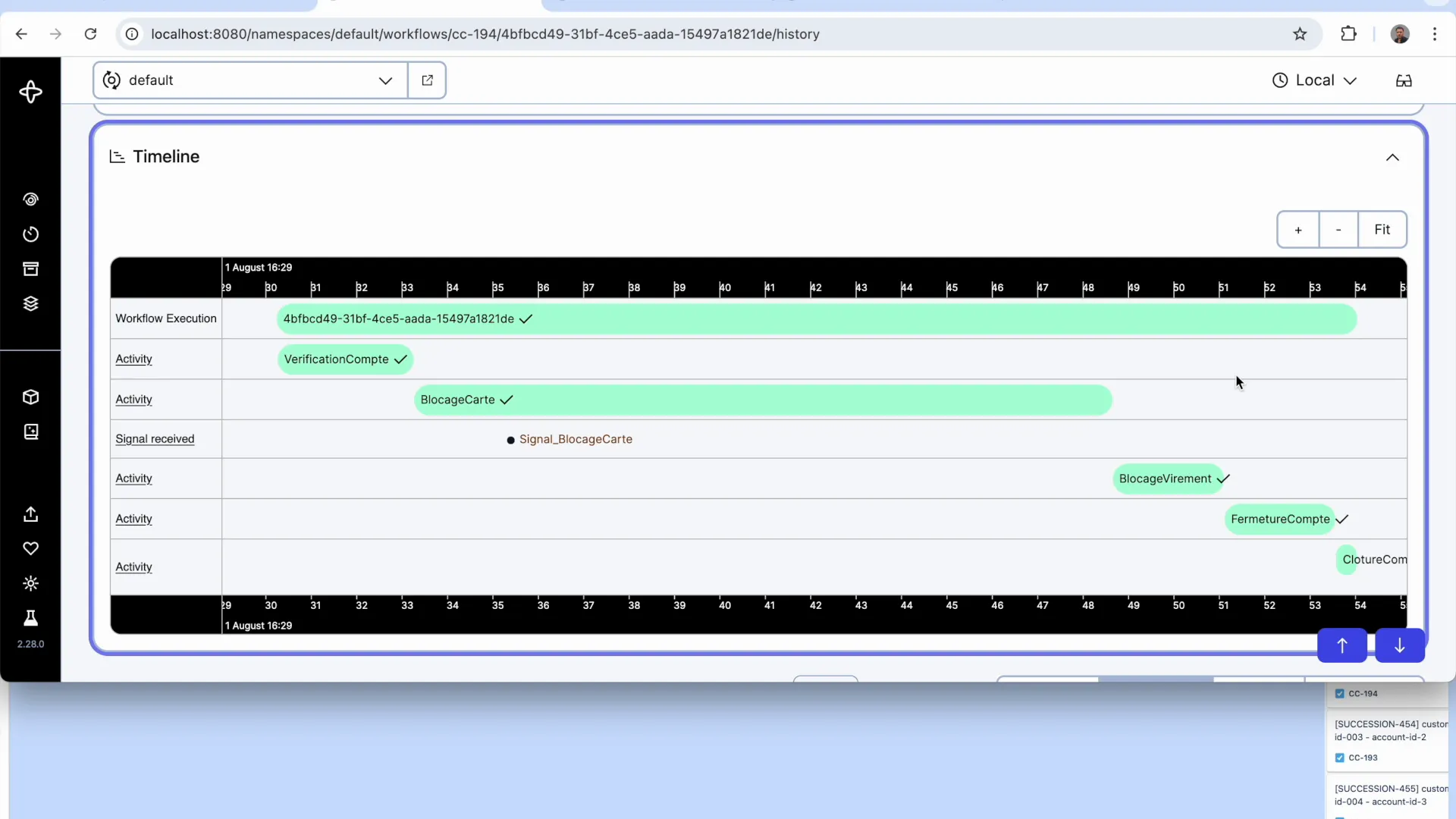One account closure in the Temporal Web UI : BlocageCarte stays open until Signal_BlocageCarte comes back through Kafka, then the remaining activities run