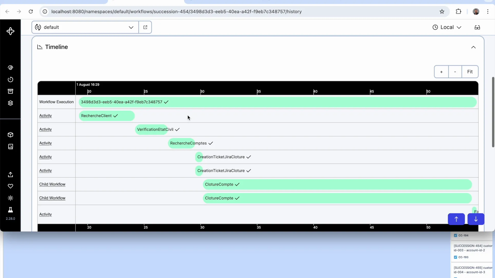 The Succession timeline in the Temporal Web UI : RechercheClient, VerificationEtatCivil, RechercheComptes, then two CreationTicketJiraCloture activities and two ClotureCompte child workflows