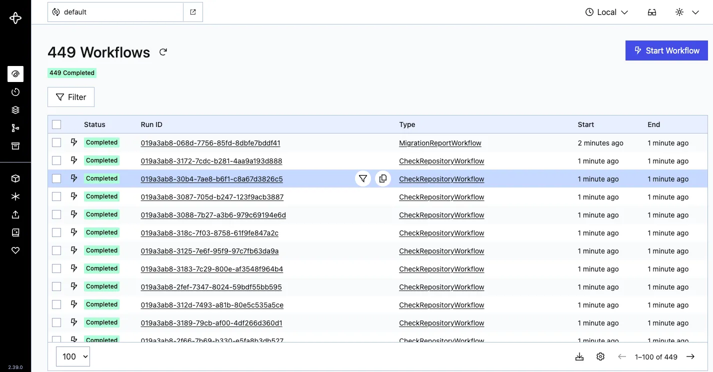 One pattern's verification run in the Temporal UI — one child workflow per repository, all completed